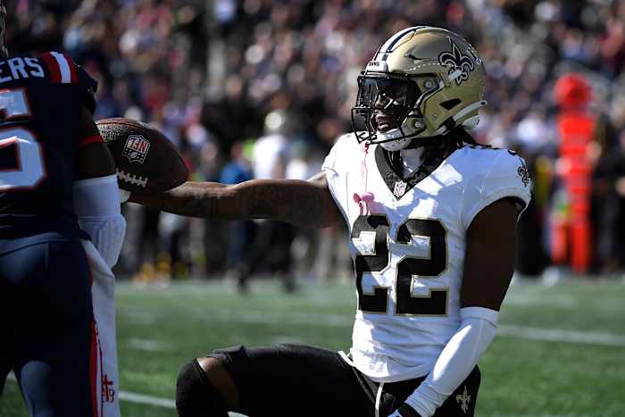New Orleans Saints wide receiver Rashid Shaheed (22) reacts after making a first down.